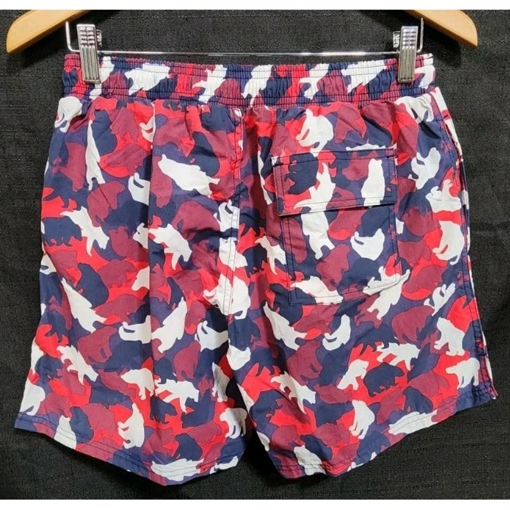 Bear Bottom Swim Trunks Mens Large Red Blue White Bear Print‎ Mesh Lined Stretch